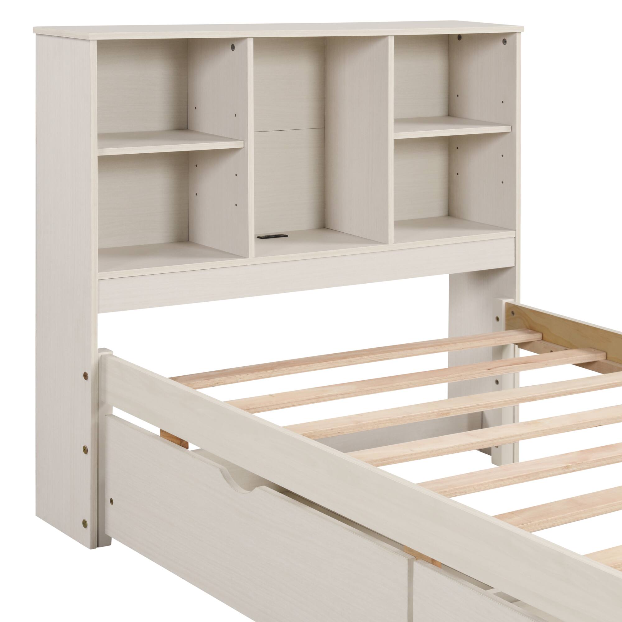 Alt View 8. GOODSILO - Contemporary Twin Size Bed Frame with USB Charging Port, Bookcase Headboard, and Underbed Storage Drawers - White Washed.