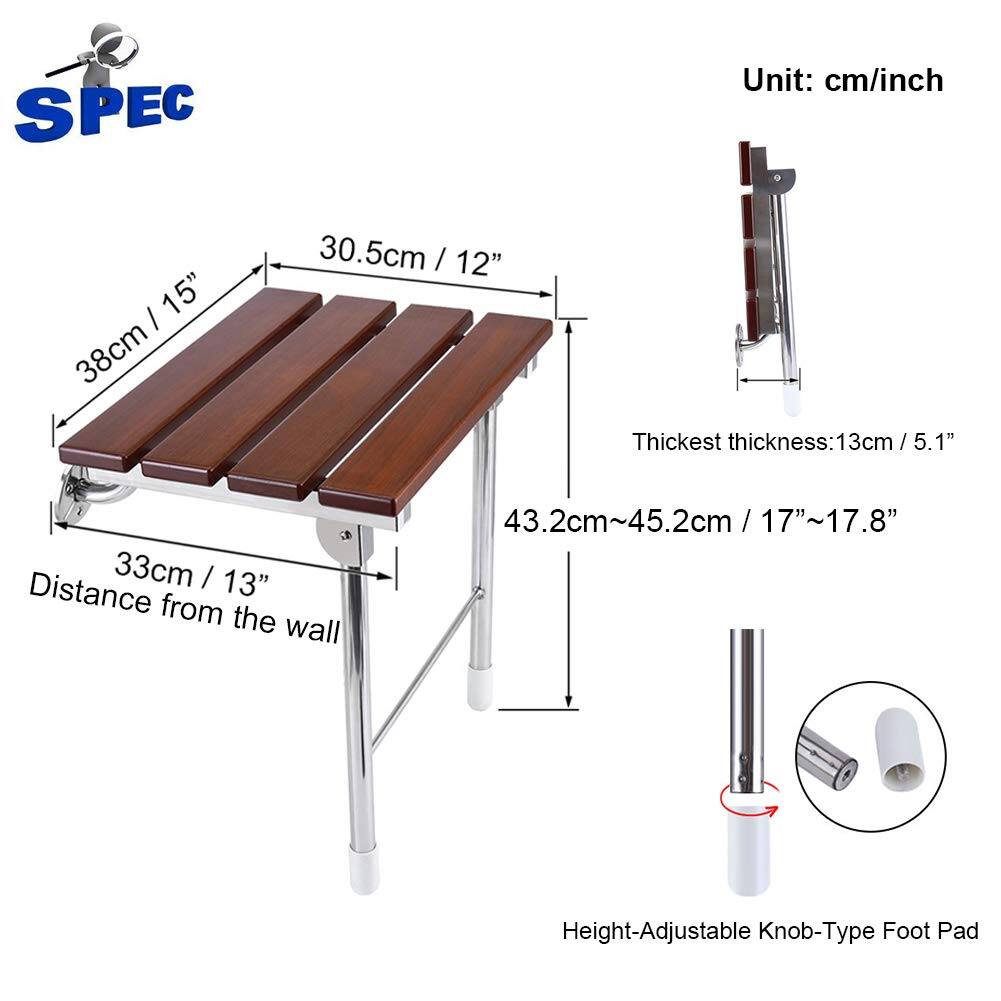Sure, here is the corrected and grouped text from the image:

---

**SPEC**

**Unit: cm/inch**

- **Length:** 38cm / 15"
- **Width:** 30.5cm / 12"
- **Thickest thickness:** 13cm / 5.1"
- **Distance from the wall:** 33cm / 13"
- **Height:** 43.2cm~45.2cm / 17"~17.8"
- **Height-Adjustable Knob-Type Foot Pad**

---