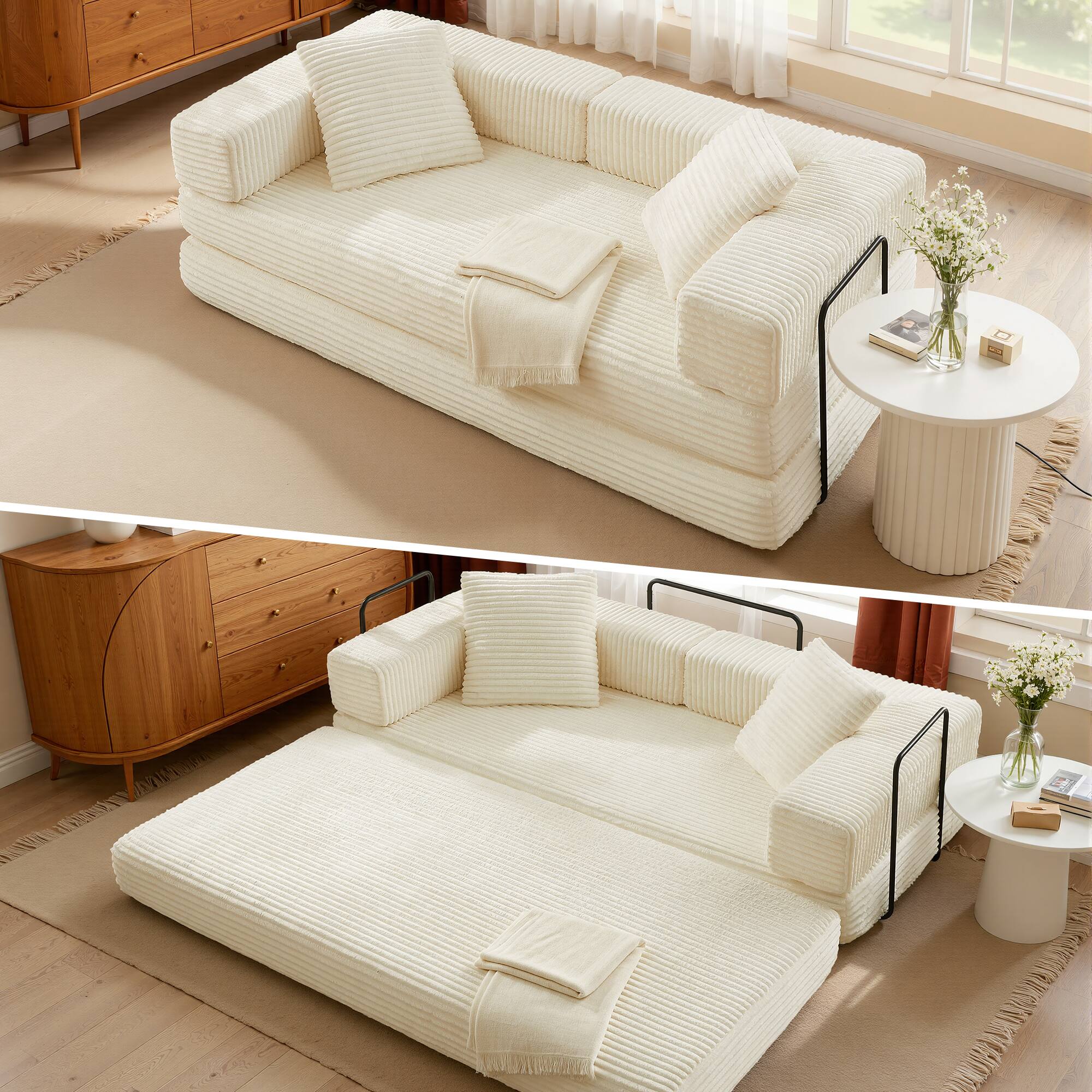 Back. Meqiodas - 81''Convertible Sofa Bed, Folding Floor Couch with Square Armrest, Comfy Sleeper Mattress for Living Room - Beige.