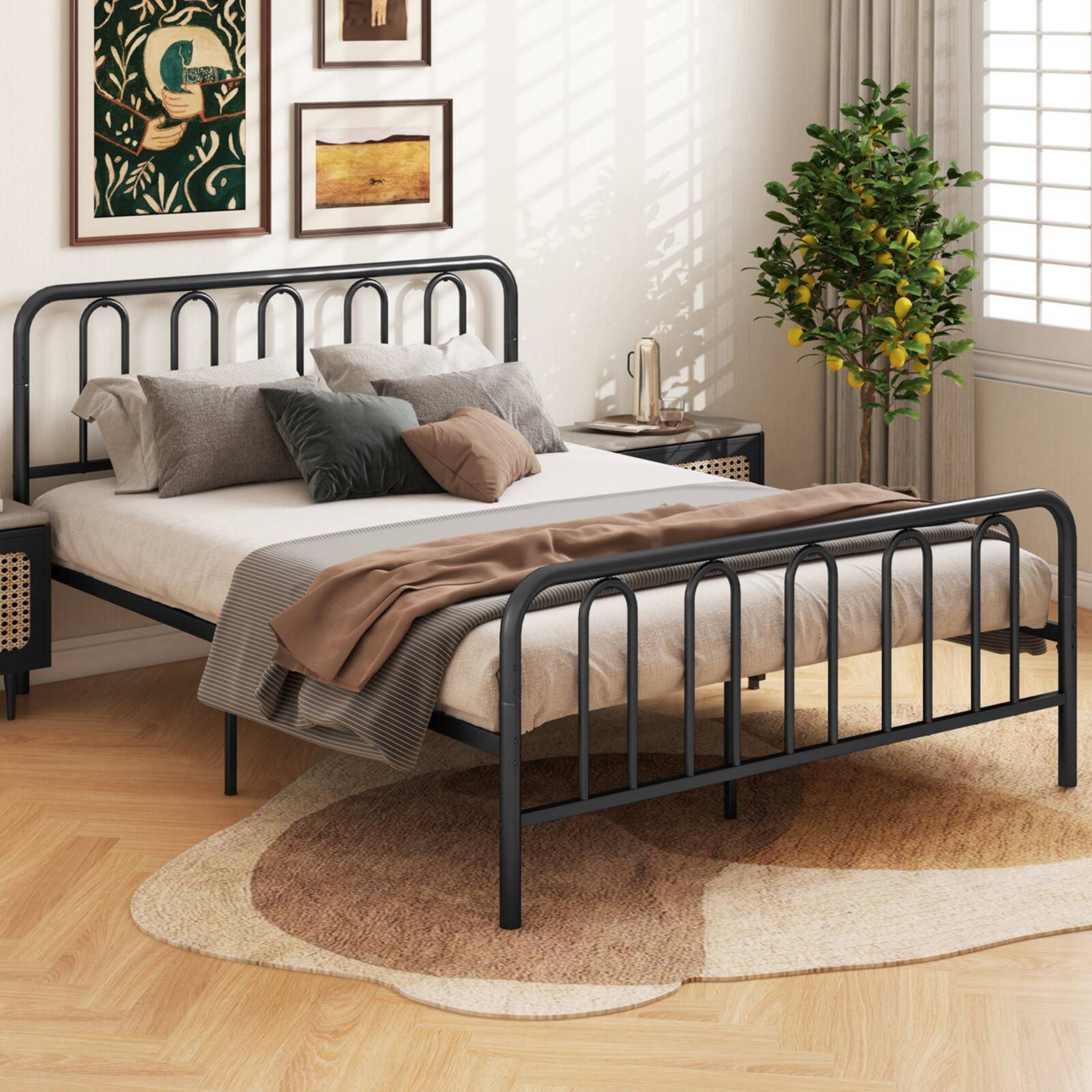 Alt View 1. Gymax - Gymax Stylish Queen Size Metal Bed Frame Platform Bed Base w/ Headboard & Footboard - Black.