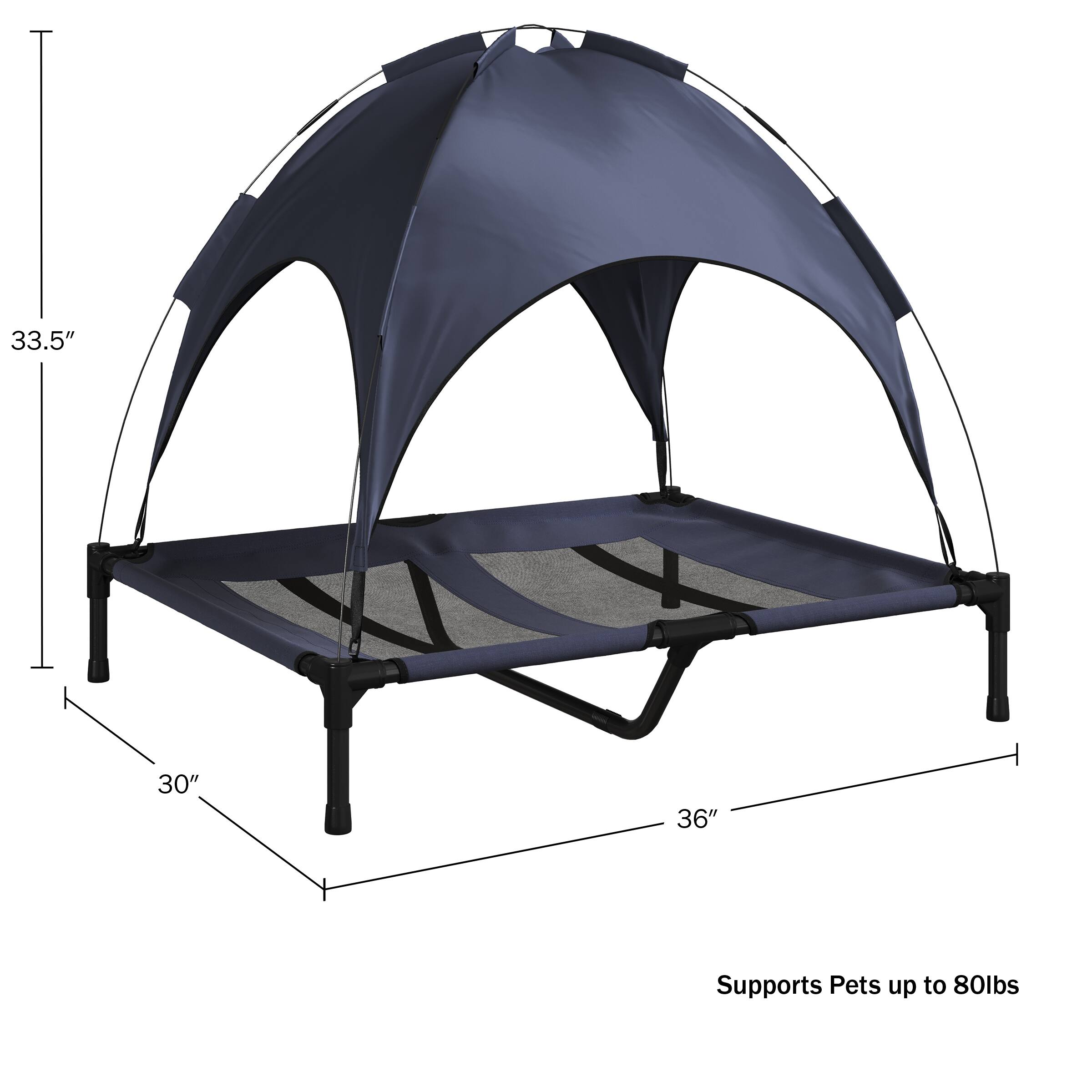 33.5" x 30" x 36"  
Supports Pets up to 80lbs