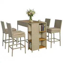 Outsunny - Piece Wicker Outdoor Bar Set, Acacia Wood Outdoor High Top Table and Chairs with 3 Tier Shelves - Brown