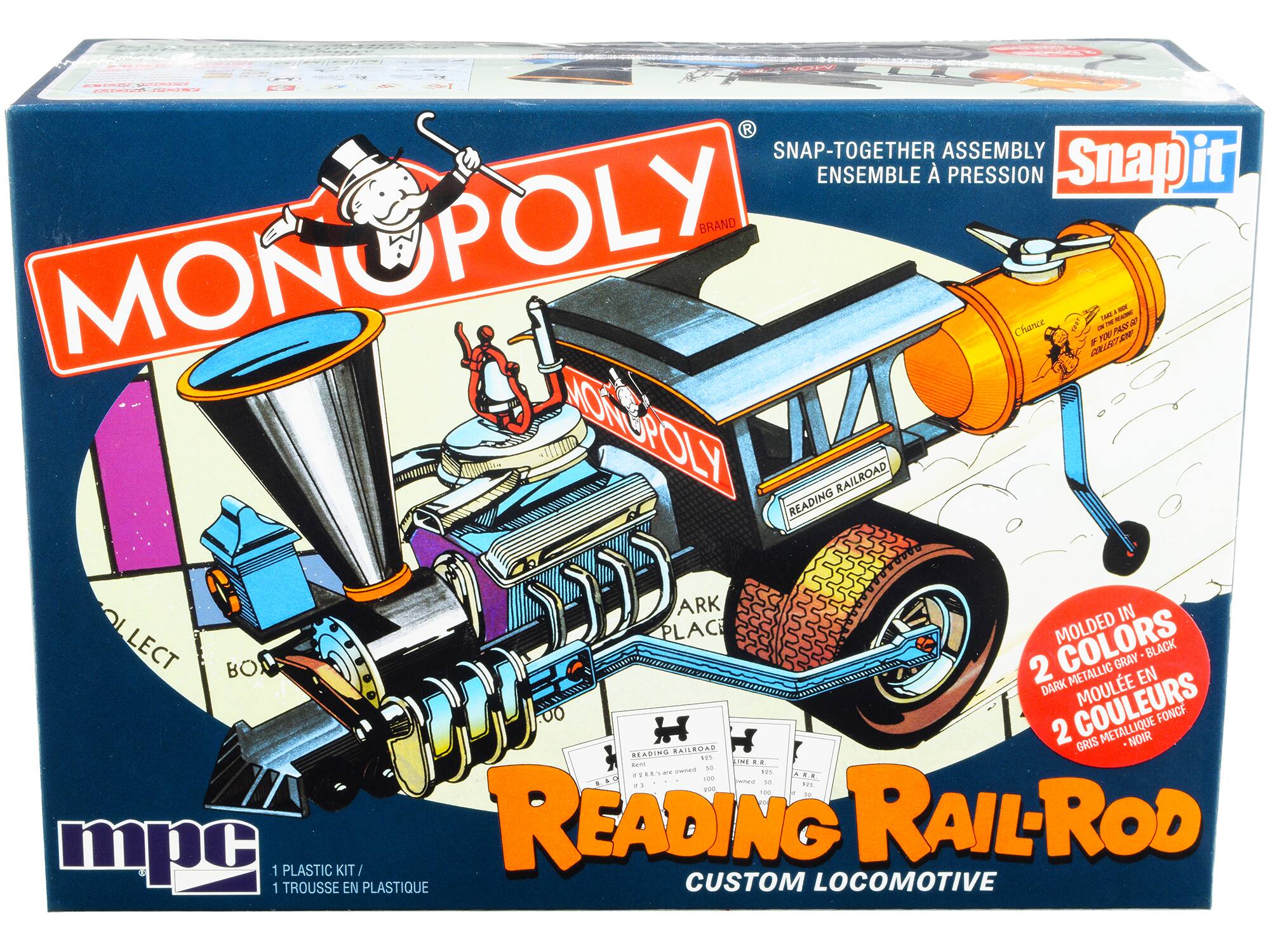 MONOPOLY BRAND  
SNAP-TOGETHER ASSEMBLY  
ENSEMBLE À PRESSION  
SNAP-IT  

MONOPOLY  
MONT POLY  
RAILROAD  
READING  
ARK IN PLACE  
MOLDED COLORS  
LECT EN COULEURS MOULE  
2 GRAY DARK METALLIC  
EN  
2 GRIS METALLIQUE NOIR & BAIE  

READING RAIL-ROD  
CUSTOM LOCOMOTIVE  

1 PLASTIC KIT / 1 TROUSSE EN PLASTIQUE  

MPC