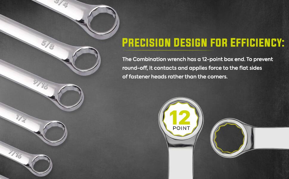 8/4 5/8 9/16 PRECISION DESIGN FOR EFFICIENCY: The Combination wrench has a 12-point box end. To prevent round-off, it contacts and applies force to the flat sides of fastener heads rather than the corners. 1/2 12 POINT 7/16