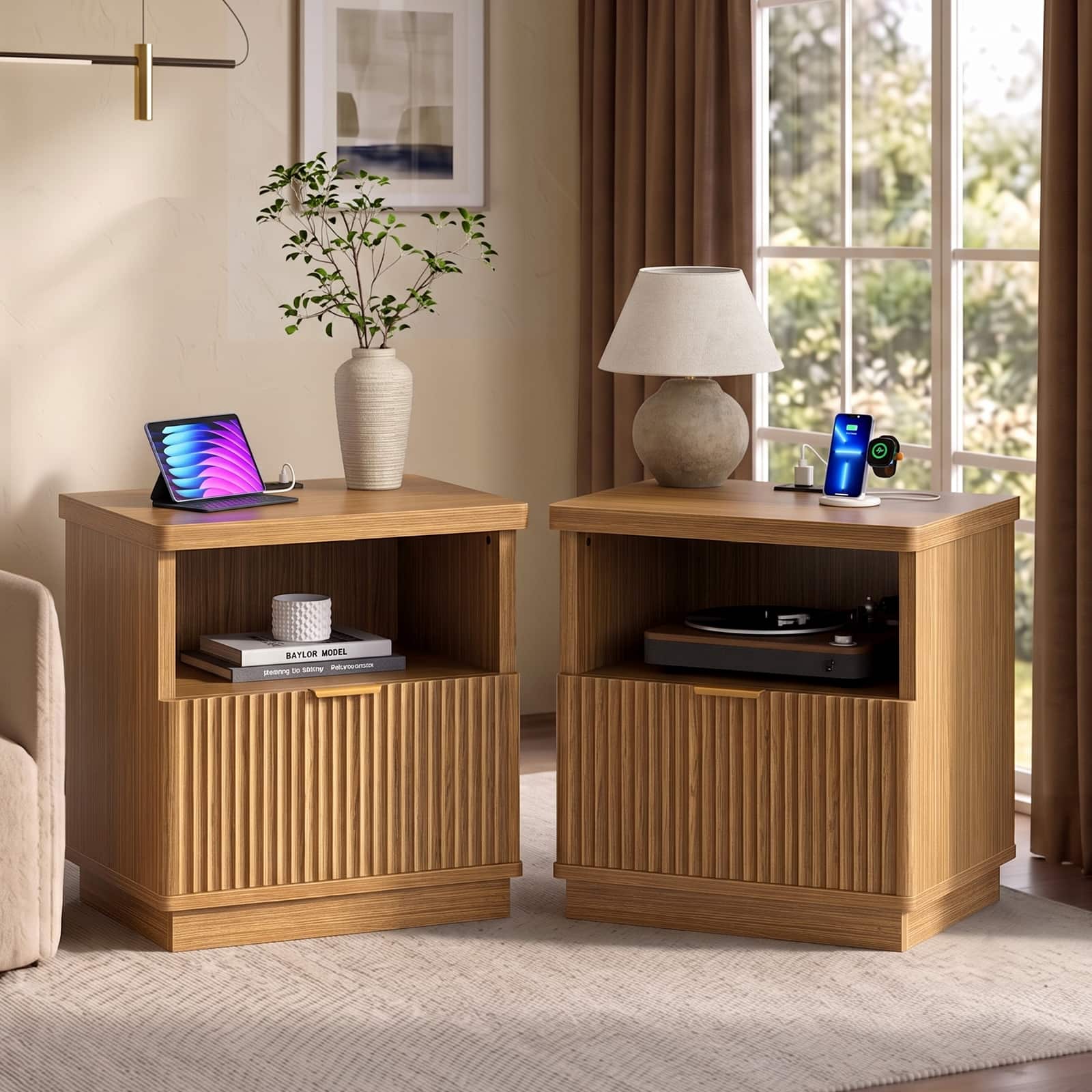 Bestier - Nightstand Set of 2 with Charging Station 2 Pack Fluted Bedside Table with Drawer and Open Shelf for Bedroom - Brown Oak