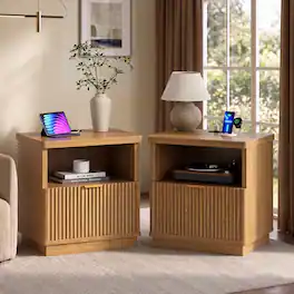 Bestier - Nightstand Set of 2 with Charging Station 2 Pack Fluted Bedside Table with Drawer and Open Shelf for Bedroom - Brown Oak