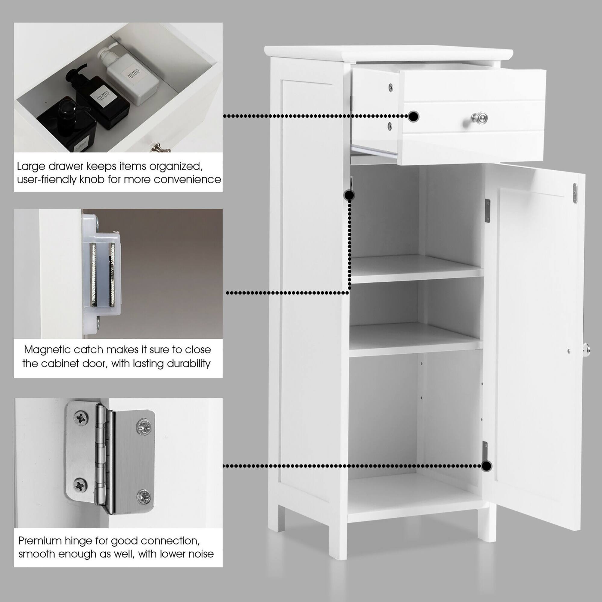 Large drawer keeps items organized, user-friendly knob for more convenience

Magnetic catch makes it sure to close the cabinet door, with lasting durability

Premium hinge for good connection, smooth enough as well, with lower noise