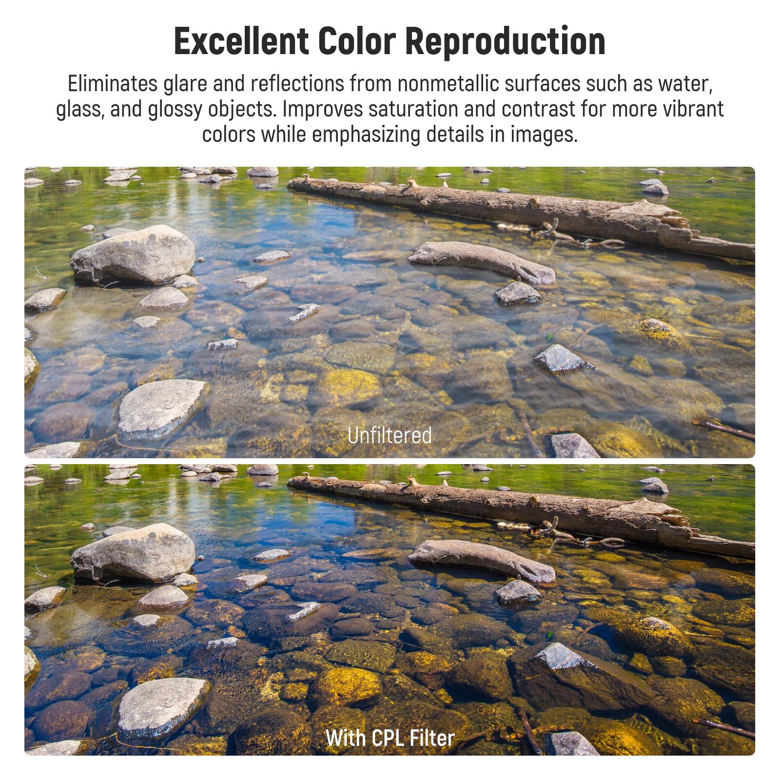 Excellent Color Reproduction  
Eliminates glare and reflections from nonmetallic surfaces such as water, glass, and glossy objects. Improves saturation and contrast for more vibrant colors while emphasizing details in images.  

Unfiltered  
With CPL Filter