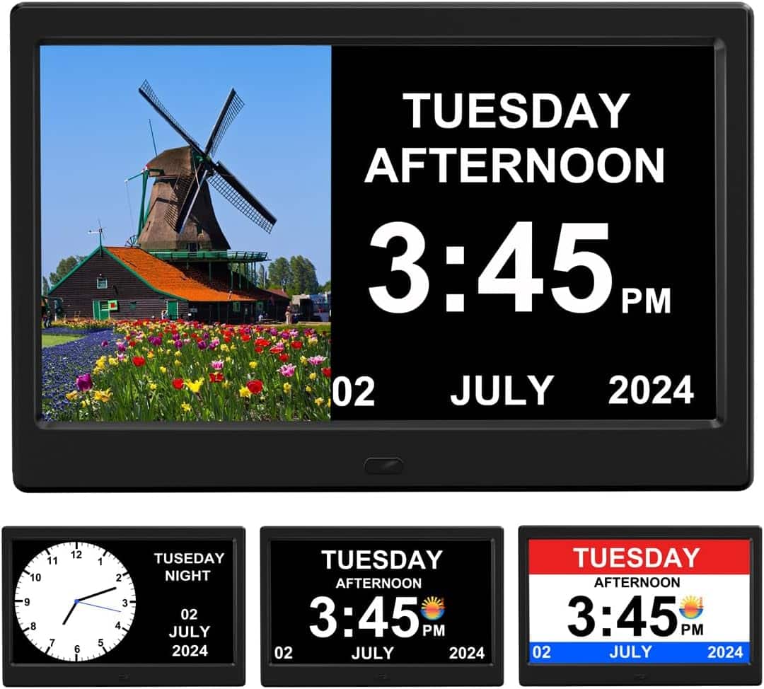 Dazzed Corner - 10 Inch Alarm Clock with Day and Date for Elderly Digital Calendar Clock Photo Frame - Black