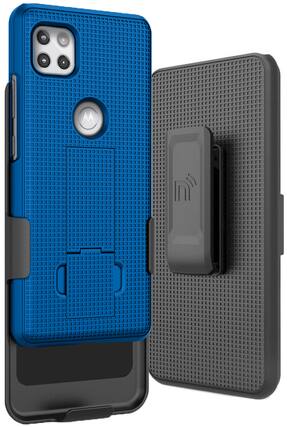 Front. Nakedcellphone - Case with Stand and Belt Clip Holster for Motorola Moto One 5G Ace - Blue.