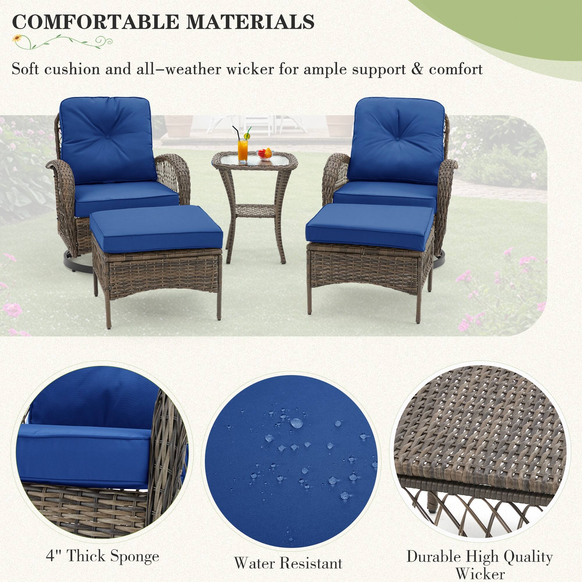 **COMFORTABLE MATERIALS**

Soft cushion and all-weather wicker for ample support & comfort

- 4" Thick Sponge
- Water Resistant
- Durable High Quality Wicker
