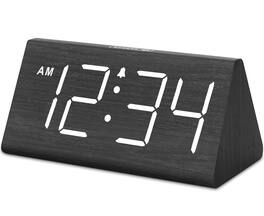 FINEAK - Adjustable Volume Wooden Digital Alarm Clock with Large Display & USB Charger - Black (Plug-in)