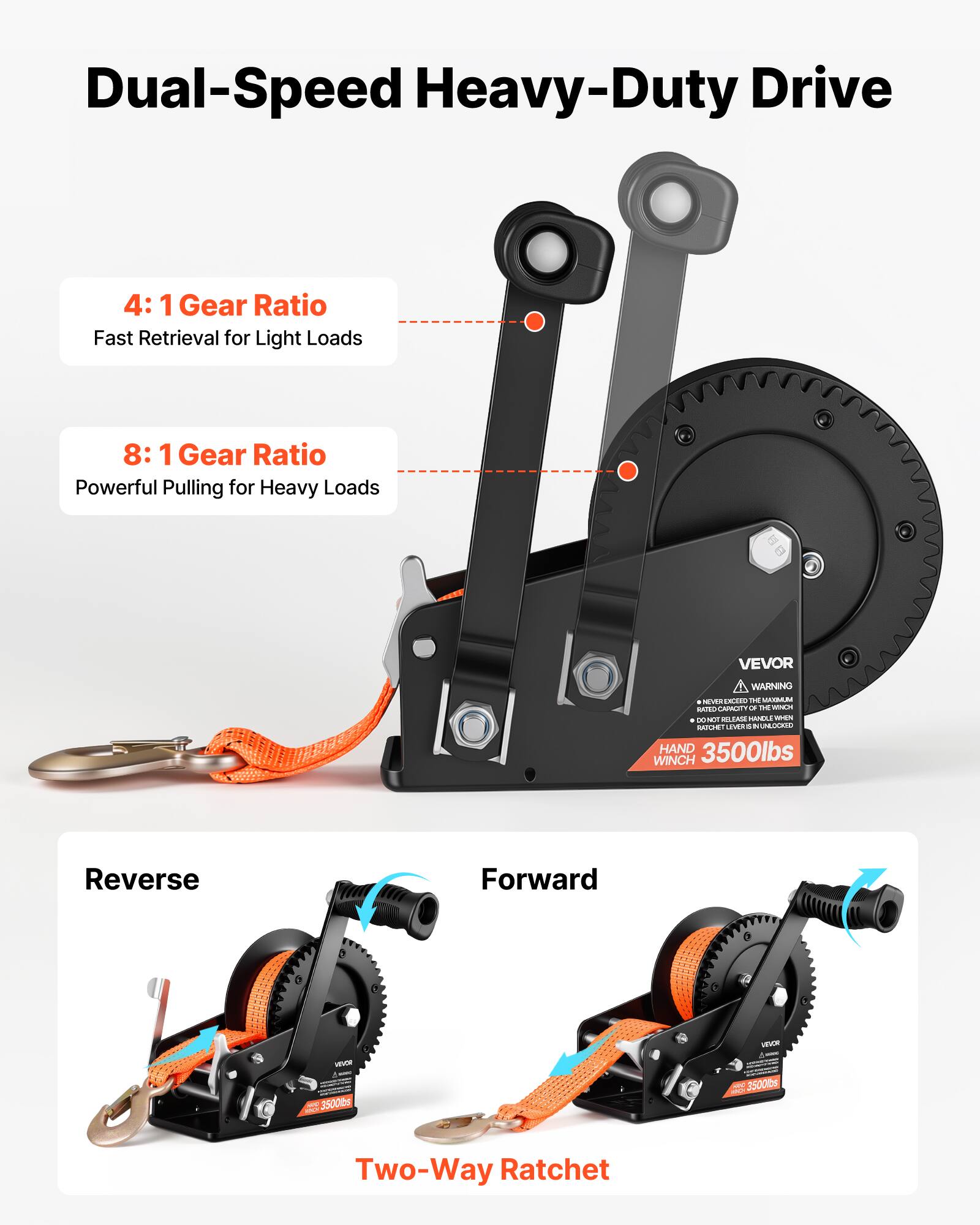 Dual-Speed Heavy-Duty Drive

4:1 Gear Ratio
Fast Retrieval for Light Loads

8:1 Gear Ratio
Powerful Pulling for Heavy Loads

VEVOR WARNING

HAND WINCH
3500lbs

Reverse Forward

Two-Way Ratchet