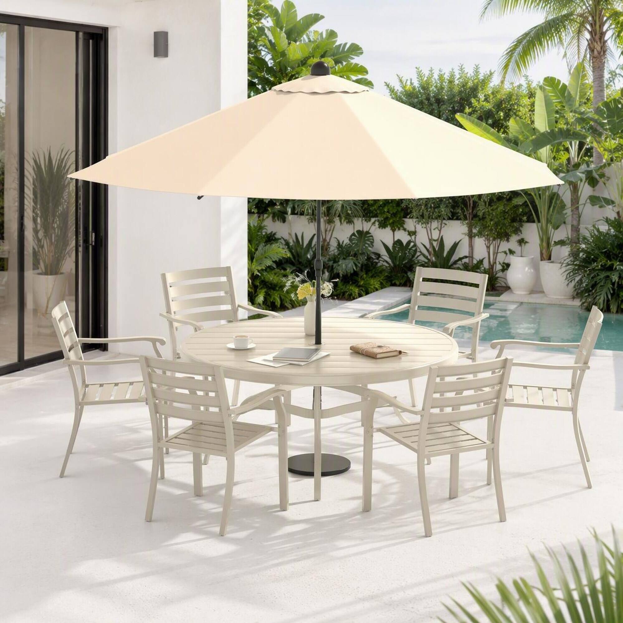Back. RYHNUYNE - Round Patio Dining Table, All-Weather Metal Table with Umbrella Hole for Deck Lawn Garden Backyard - Sandstone.