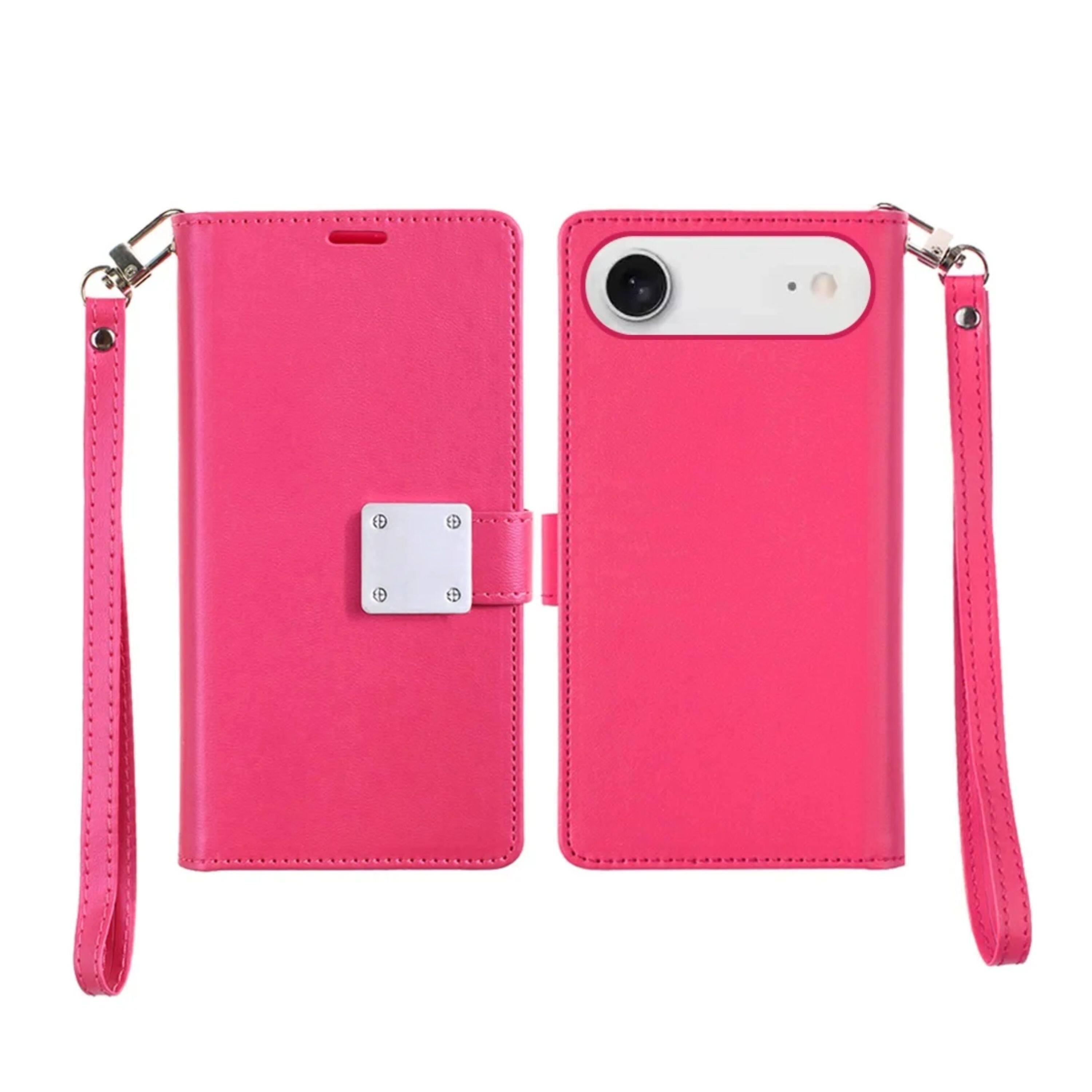 Angle. Kitcheniva - PU Leather Phone Wallet Case With Wrist Strap Tempered Glass For iPhone 17 Air Hot Pink - Hot Pink.