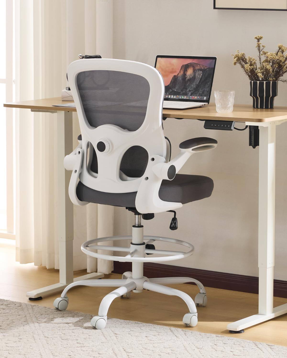 Alt View 7. Winado - Office Artist Chair with Adjustable Footrest and Lumbar Support Contoured Back Support, Flip-Up Armrests, 360° Swivel - Mesh Grey.