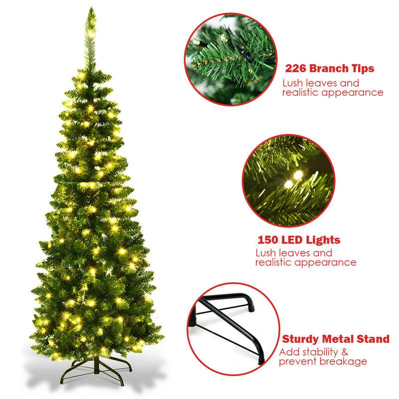 226 Branch Tips  
Lush leaves and realistic appearance

150 LED Lights  
Lush leaves and realistic appearance

Sturdy Metal Stand  
Add stability & prevent breakage