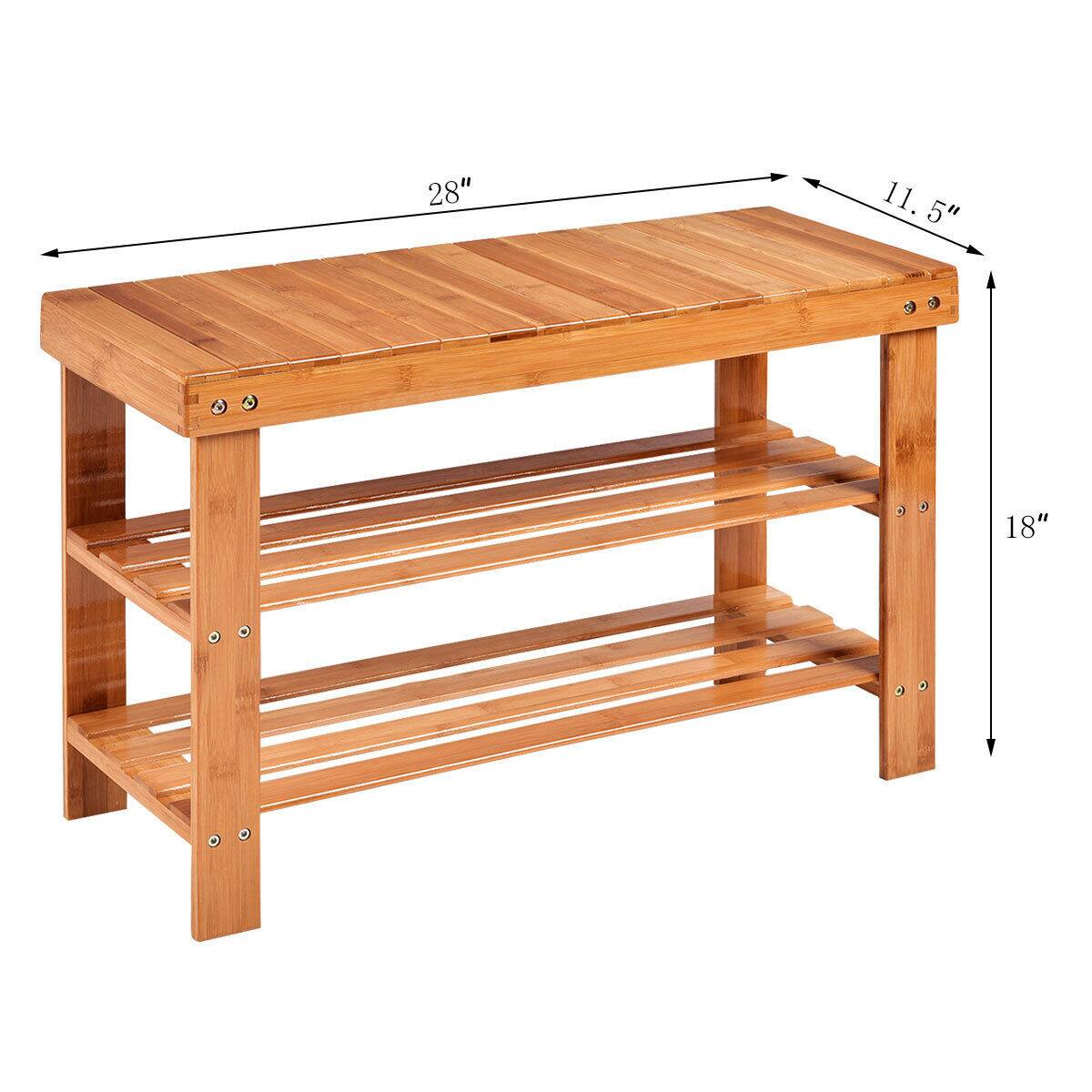 The text on the image reads "28" 11.5" 5" 18". This indicates that the wooden table is 28 inches long, 11.5 inches wide, 5 inches tall, and has a shelf that is 18 inches deep.