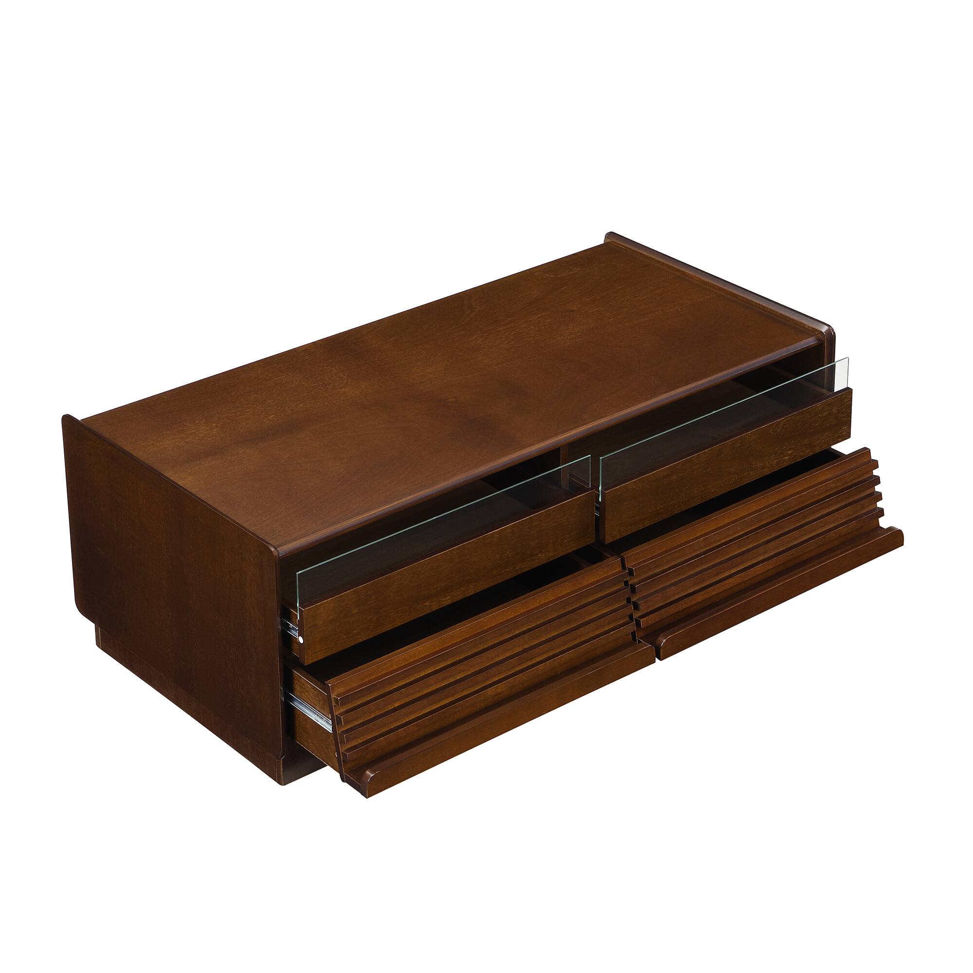 Front. Ecooso - Coffee Table Rectangle with 4 Drawers and 2 Display Shelves, Fluted Style Tempered Glass Center Table - Brown.
