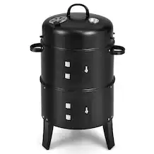 Angle. Costway - 3-in-1 Vertical Charcoal Smoker Portable BBQ Smoker Grill with Detachable 2 Layer - Black.