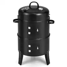 Angle. Costway - 3-in-1 Vertical Charcoal Smoker Portable BBQ Smoker Grill with Detachable 2 Layer - Black.