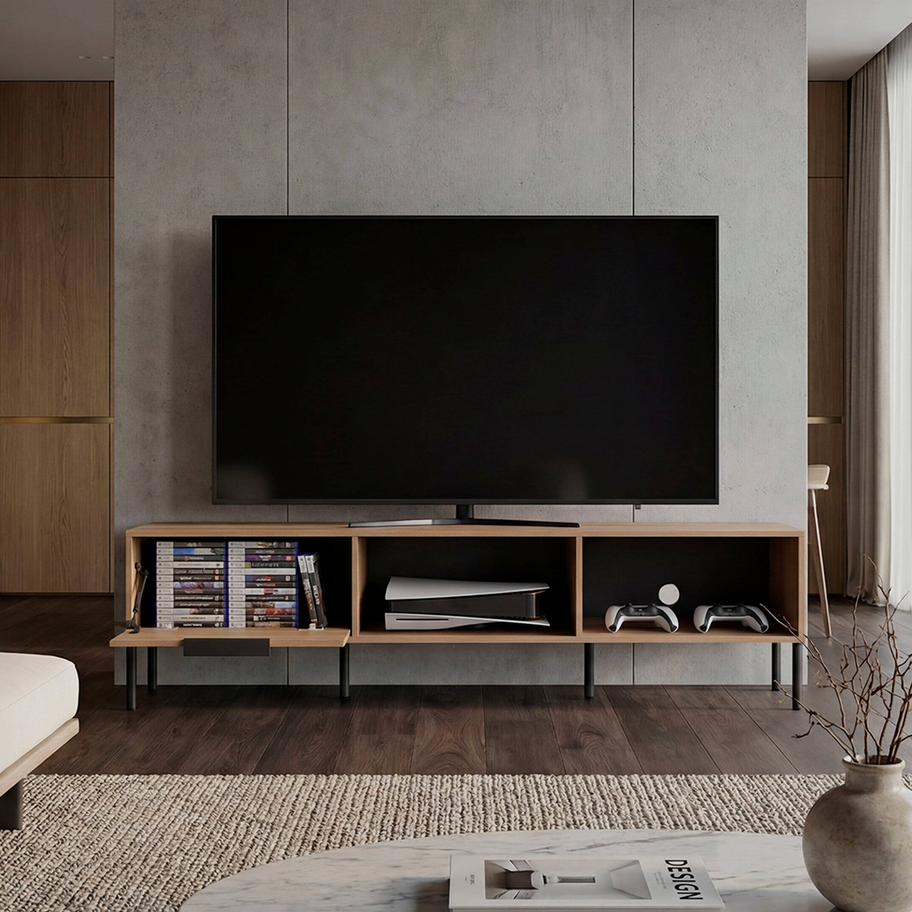 Back. TuHome - Modern Floating TV Stand for 50-65 Inch TVs, Gaming Consoles, with Open Display Shelves, Wall Entertainment Center - Silver Oak.