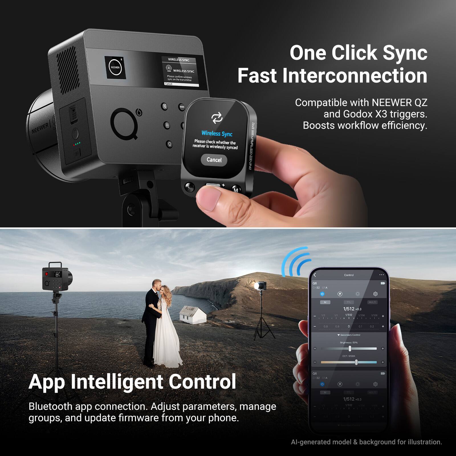 - SC - W D i  
- One Click Sync Fast Interconnection  
- NEEWER Wireless Sync  
- Please check whether the receiver is wirelessly synced  
- Cancel  
- Compatible with NEEWER QZ and Godox X3 triggers.  
- Boosts workflow efficiency.  
- App Intelligent Control  
- Bluetooth app connection. Adjust parameters, manage groups, and update firmware from your phone.  
- AI-generated model & background for illustration.