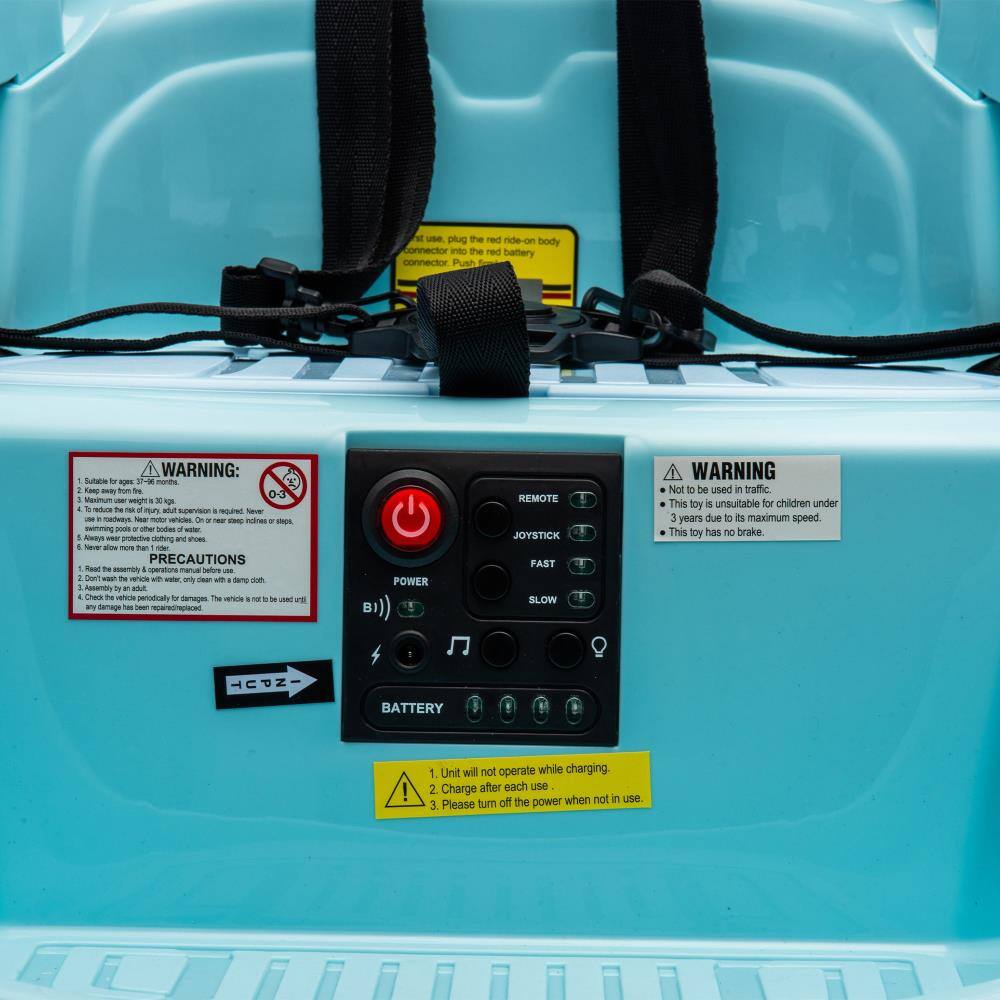 **WARNING:**
- Not to be used in traffic.
- This toy is unsuitable for children under 3 years due to its maximum speed.
- This toy has no brake.

**PRECAUTIONS:**
- Suitable for ages 3-12 years.
- Keep away from fire.
- Keep away from water.
- Do not use in traffic.
- Not to be used in traffic.
- To reduce the risk of injury, adult supervision is required. Never leave the child unattended.
- Never allow more than one rider.
- Never ride near sharp objects or stairs.
- Always wear protective clothing and shoes.
- Read the assembly, operation manual before use.
- Assemble the vehicle in a clean, dry place.
- Check the vehicle periodically for damage. The vehicle should not be used until repaired.
- Never operate the vehicle if the battery is low.

**POWER REMOTE JOYSTICK FAST SLOW**

**BATTERY:**
1. Unit will not operate while charging.
2. Charge after each use.
3. Please turn off the power when not in use.

**Remote:**
- POWER
- REMOTE
- JOYSTICK
- FAST
- SLOW

**Note:** Keep the red battery connector and the red ride-on body