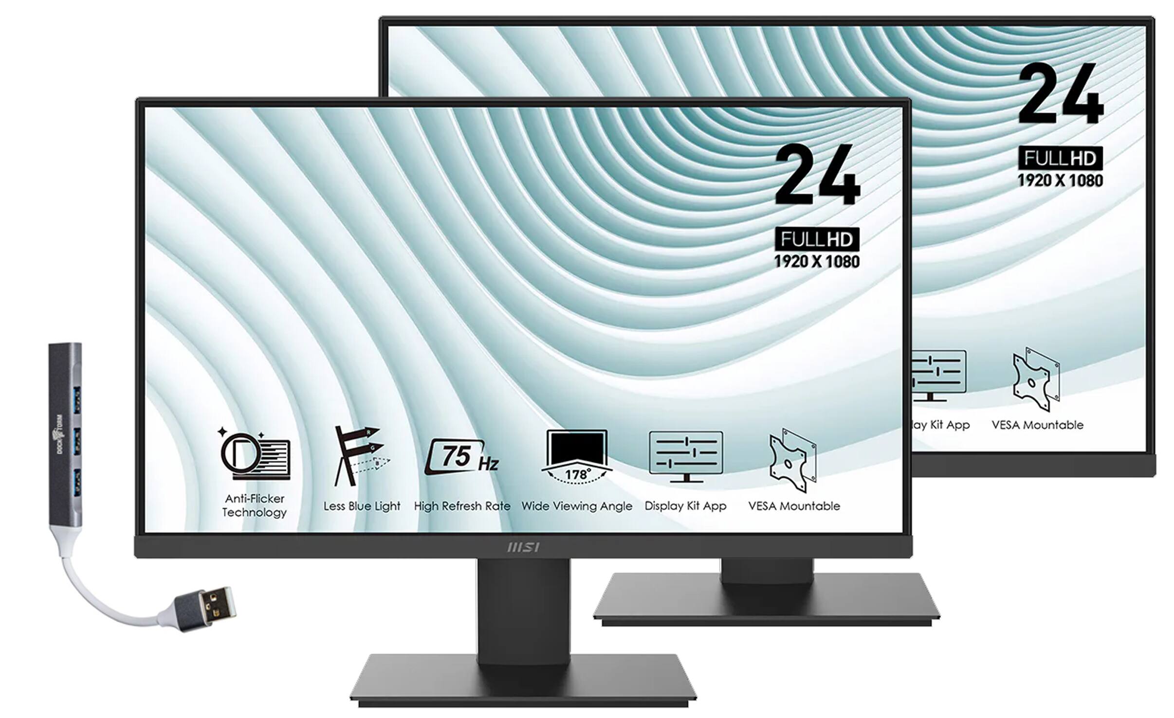 24 FULL HD 1920 X 1080  
24 FULL HD 1920 X 1080  
DOCKETORM  
75 Hz  
178° Viewing Angle  
Kit App  
VESA Mountable  
Anti-Flicker Technology  
Less Blue Light  
High Refresh Rate  
Wide Viewing Angle  
Display Kit App  
VESA Mountable  
IIISI