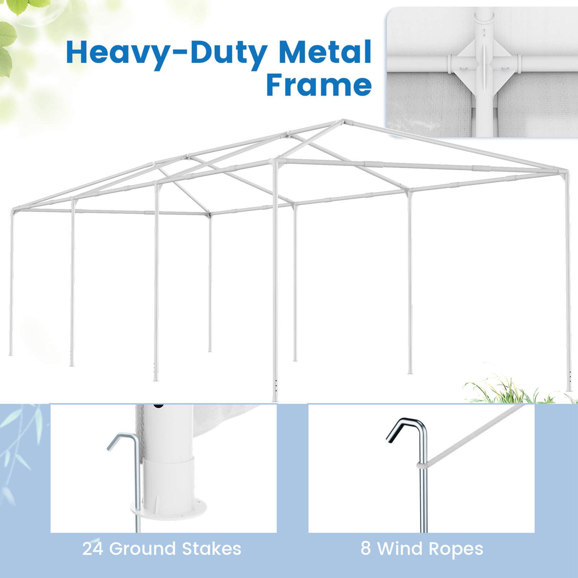 Heavy-Duty Metal Frame
24 Ground Stakes
8 Wind Ropes