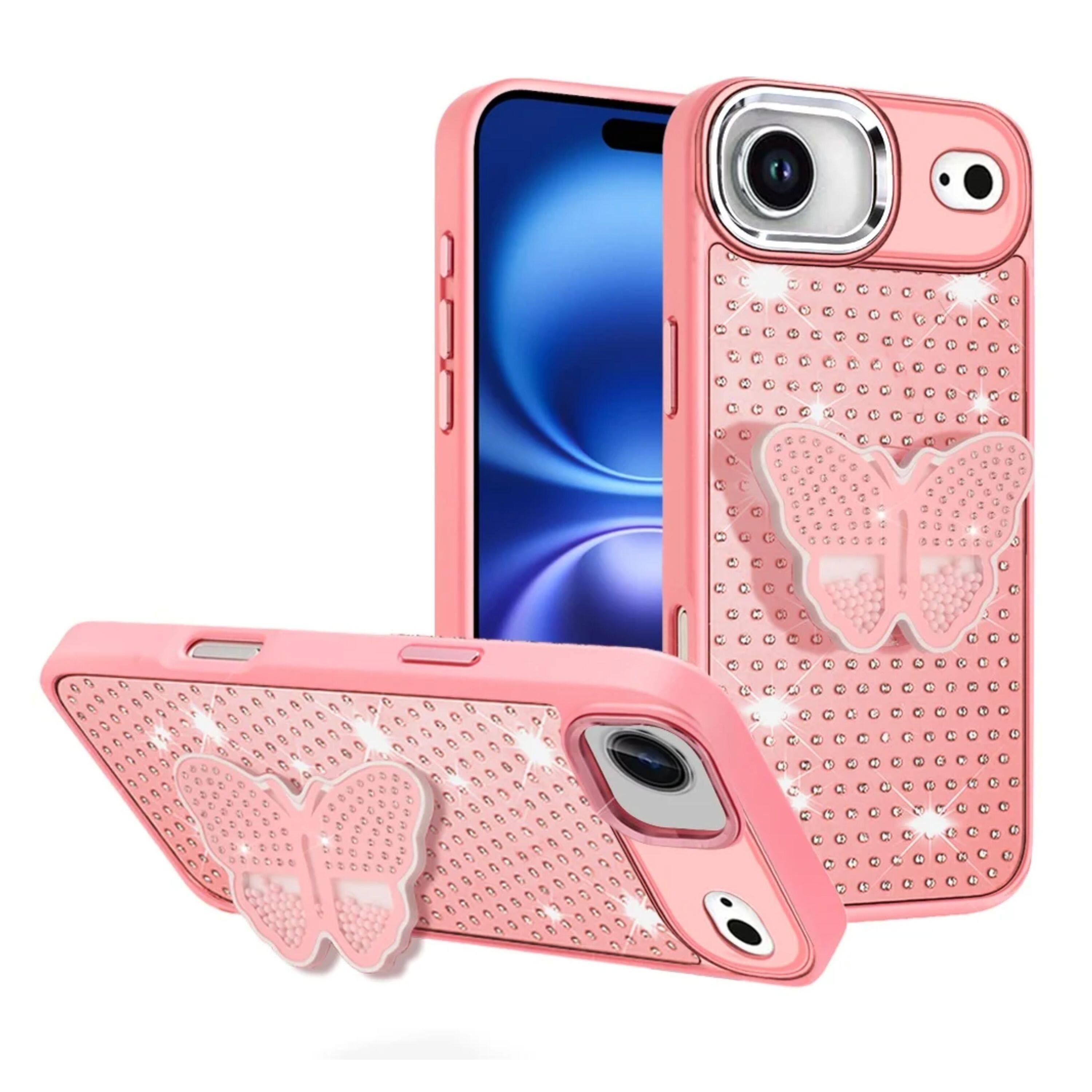 Angle. Kitcheniva - Butterfly Grip Stand Faux Crystals Phone Case With Tempered Glass For iPhone Air Pink - Pink.