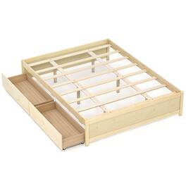 Costway - Queen Size Wooden Bed Frame with 2 Rolling Storage Drawers Wood Slat Support - Natural