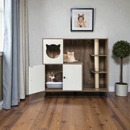 BreeBe - Enclosed Cat Litter House with 3 Built-In Sisal Scratch Posts - Natural