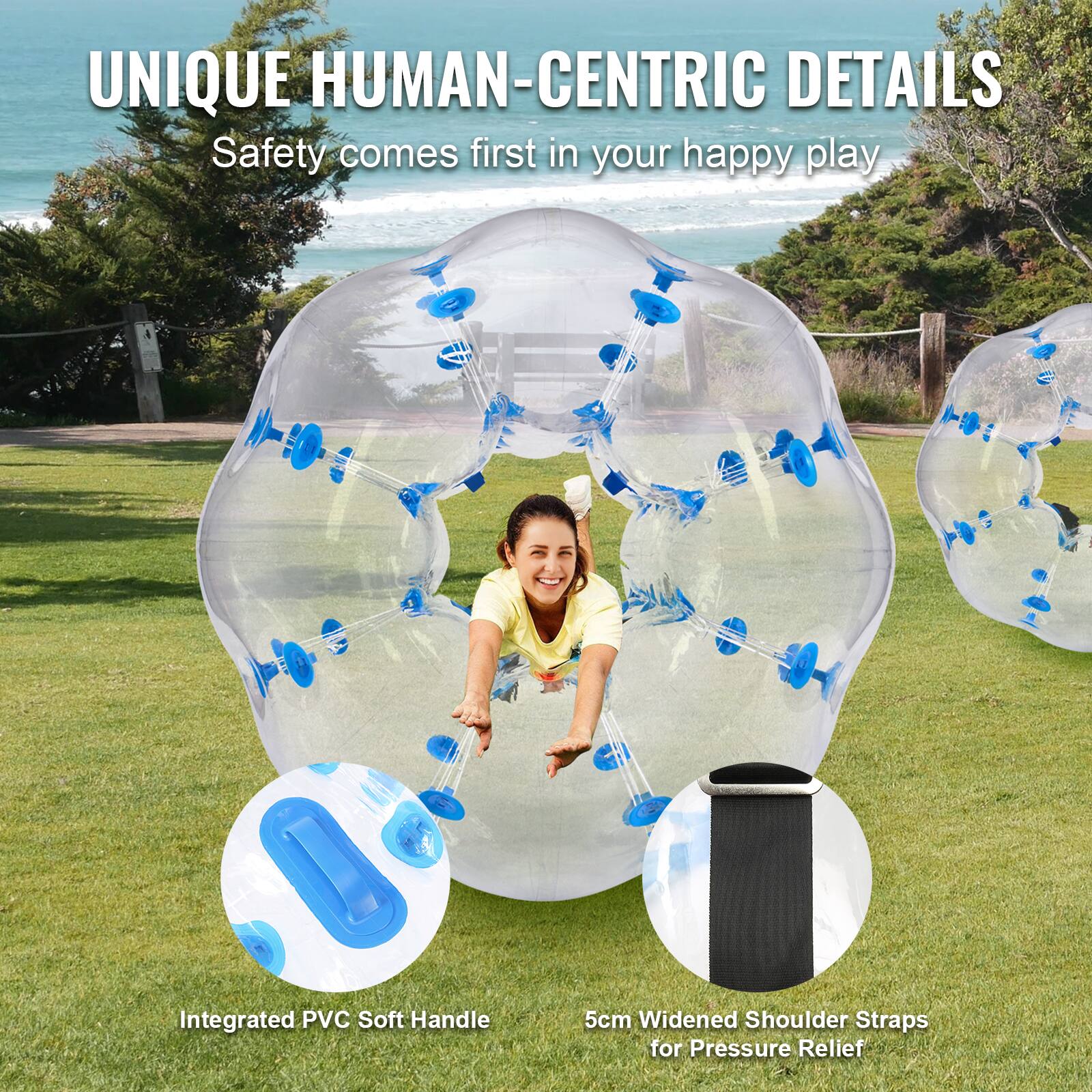 UNIQUE HUMAN-CENTRIC DETAILS  
Safety comes first in your happy play  

Integrated PVC Soft Handle  
5cm Widened Shoulder Straps for Pressure Relief