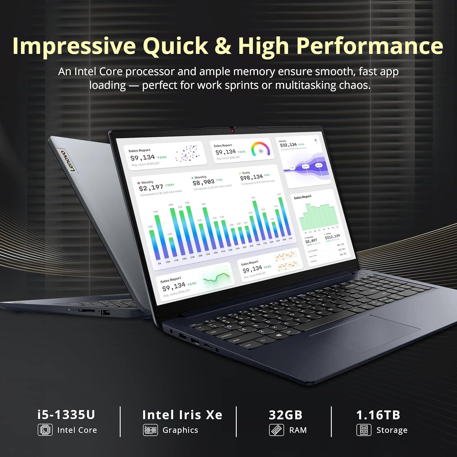 Impressive Quick & High Performance

An Intel Core processor and ample memory ensure smooth, fast app loading — perfect for work sprints or multitasking chaos.

i5-1335U Intel Core
Intel Iris Xe Graphics
32GB RAM
1.16TB Storage