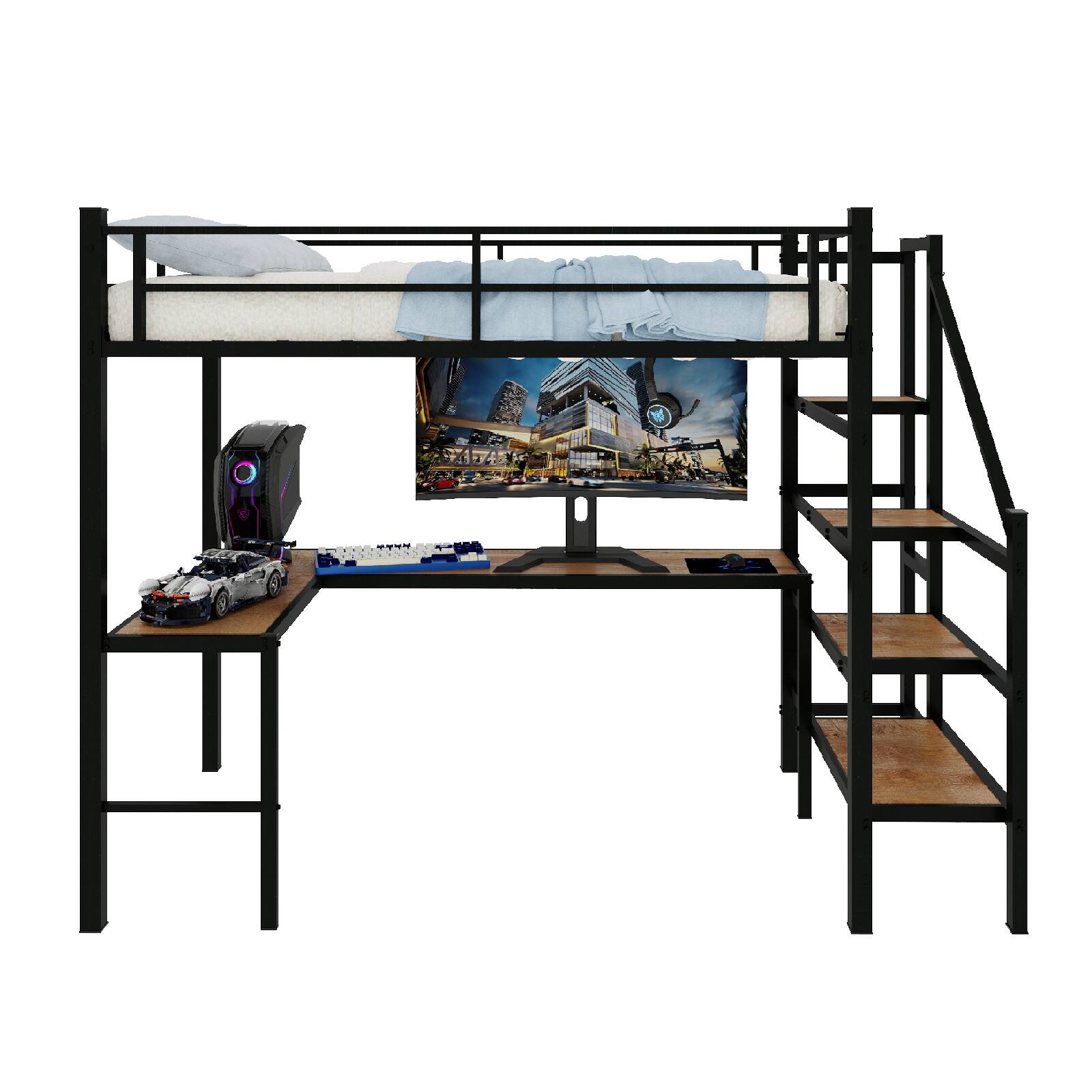Alt View 6. Loheer - Loheer Black Metal Twin Loft Bed with Desk Space Saving Iron and Wood Multifunctional Frame - Black.