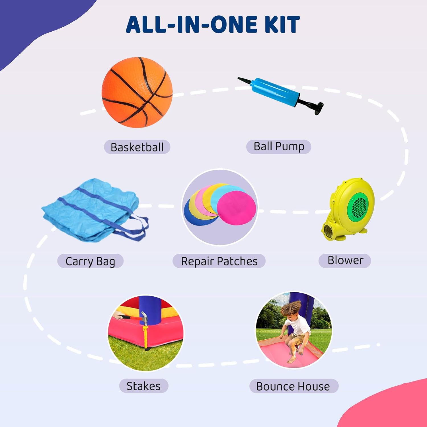 ALL-IN-ONE KIT

Basketball
Ball Pump
Carry Bag
Repair Patches
Blower
Stakes
Bounce House