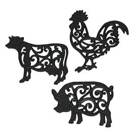 Zeckos - Set of 3 Cast Iron Farm Animal Kitchen Trivets Decorative Wall Hanging Art - Black