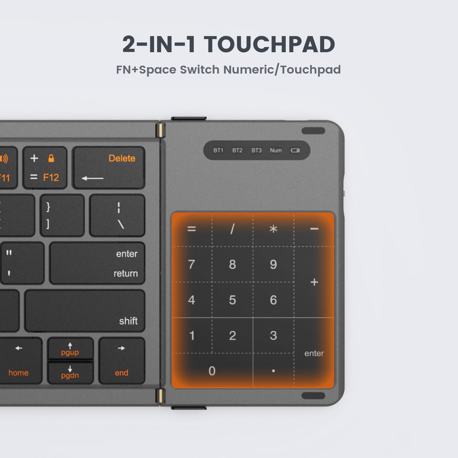 2-IN-1 TOUCHPAD  
FN+Space Switch Numeric/Touchpad  

1) Delete  
F11 = F12  
} ] = / * -  
I enter return  
7 8 9 +  
4 5 6 +  
pgup shift  
1 2 3 enter  
home pgdn end  
0