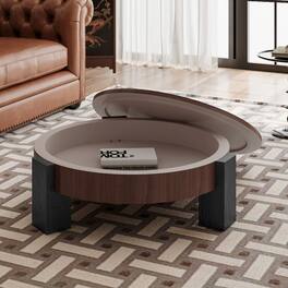 Loheer - 33 Inch Round Coffee Table with Hidden Storage Wabi Sabi Wood Parquet Center Accent Table Walnut and Black - Walnut+black