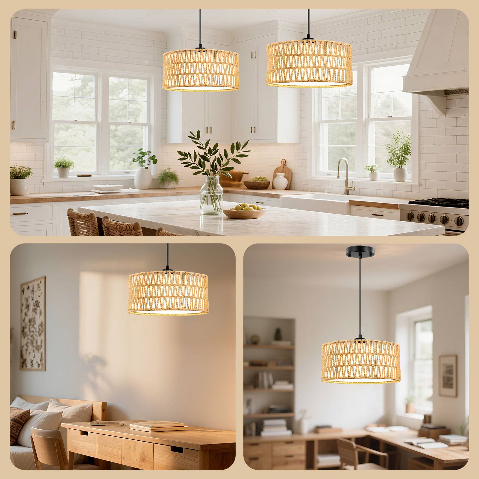 Alt View 7. Unique Bargains - Pendant Lights Plug in Pendant Light Hanging Lamp Boho Lamp Woven Rattan Pendant Lamp Shade for Kitchen Island - Golden.
