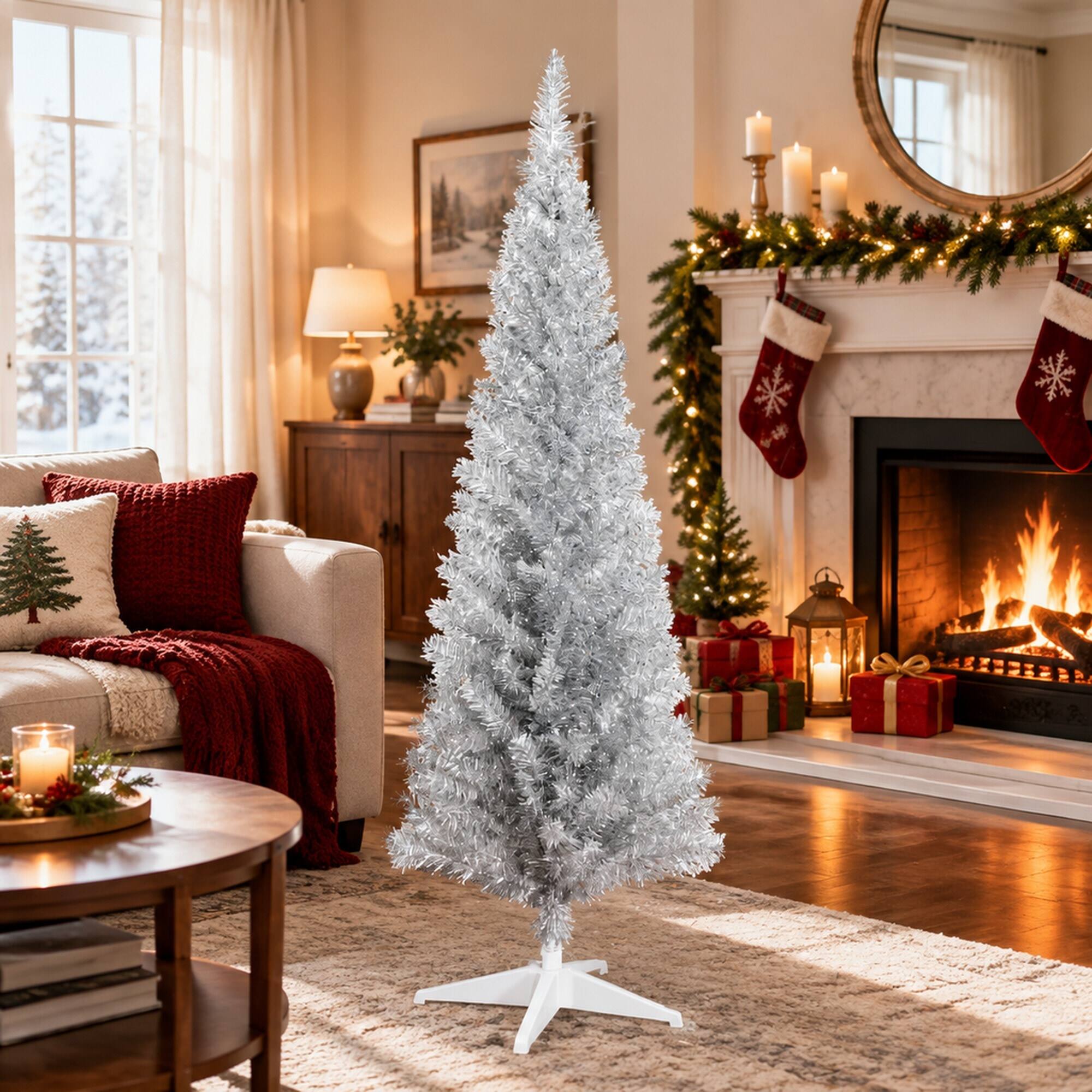 Angle. RYHNUYNE - 5FT Pencil Artificial Christmas Tree With Realistic Tips and Sturdy Stand - Silver.