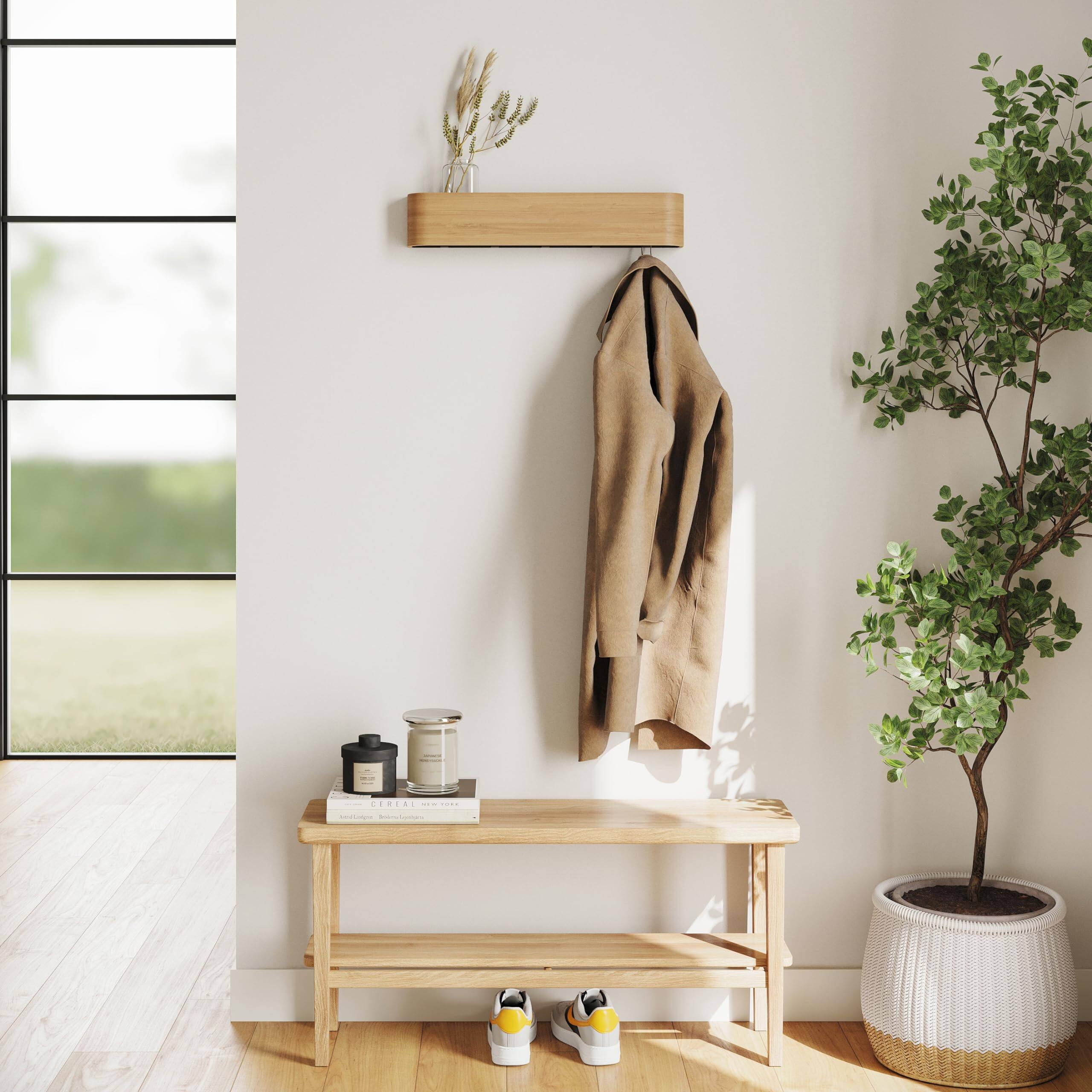 Alt View 1. HM 1810 - Wall-mounted Coat Rack 'toke' - Modern Design With Wall Hooks Solid Wood Veneer Panel Hanger Oak - Oak 8 Hooks.