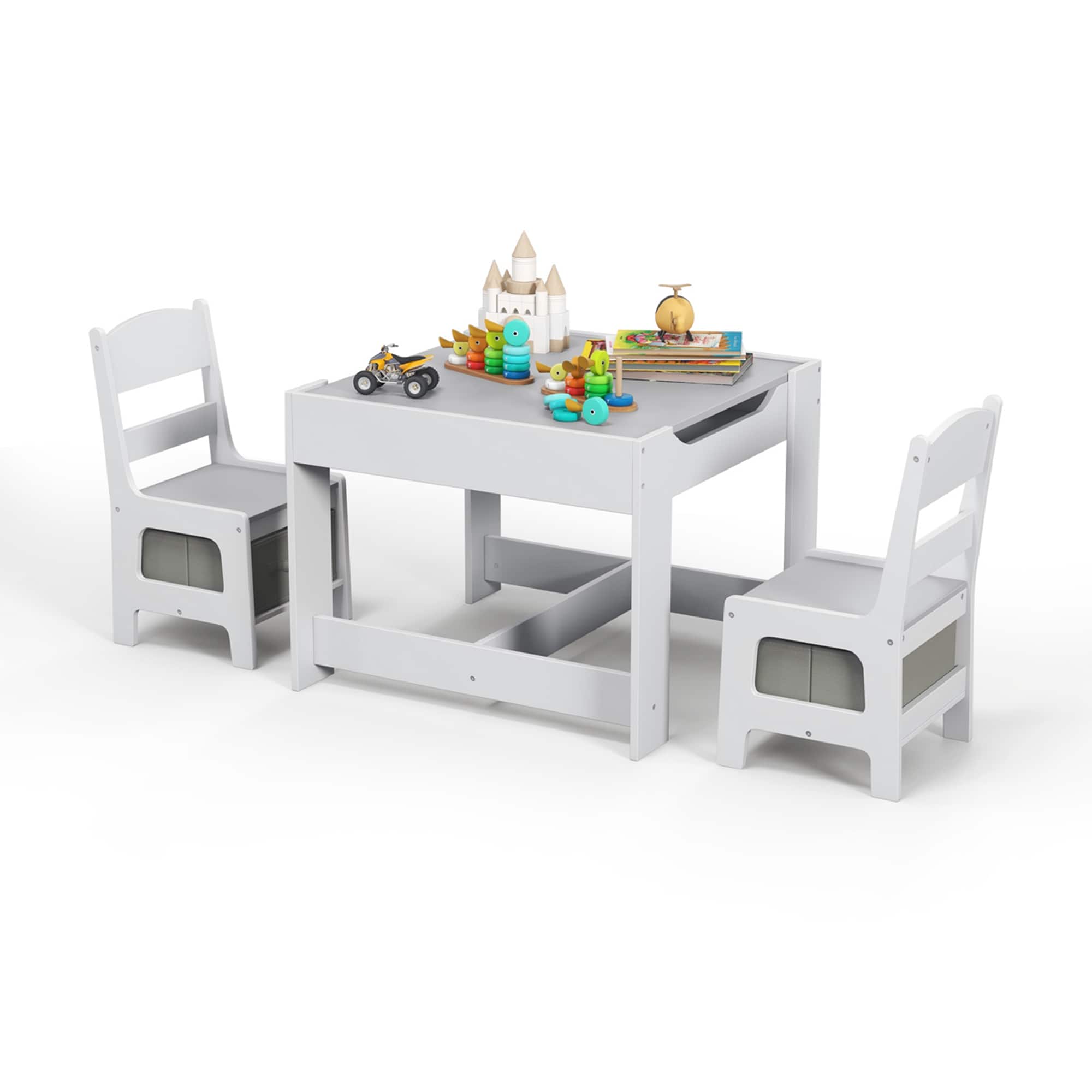 Front. Costway - Costway Kids Table Chairs Set With Storage Boxes Blackboard Whiteboard Drawing - Gray.