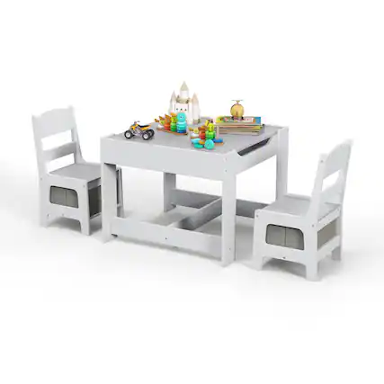 Front. Costway - Costway Kids Table Chairs Set With Storage Boxes Blackboard Whiteboard Drawing - Gray.