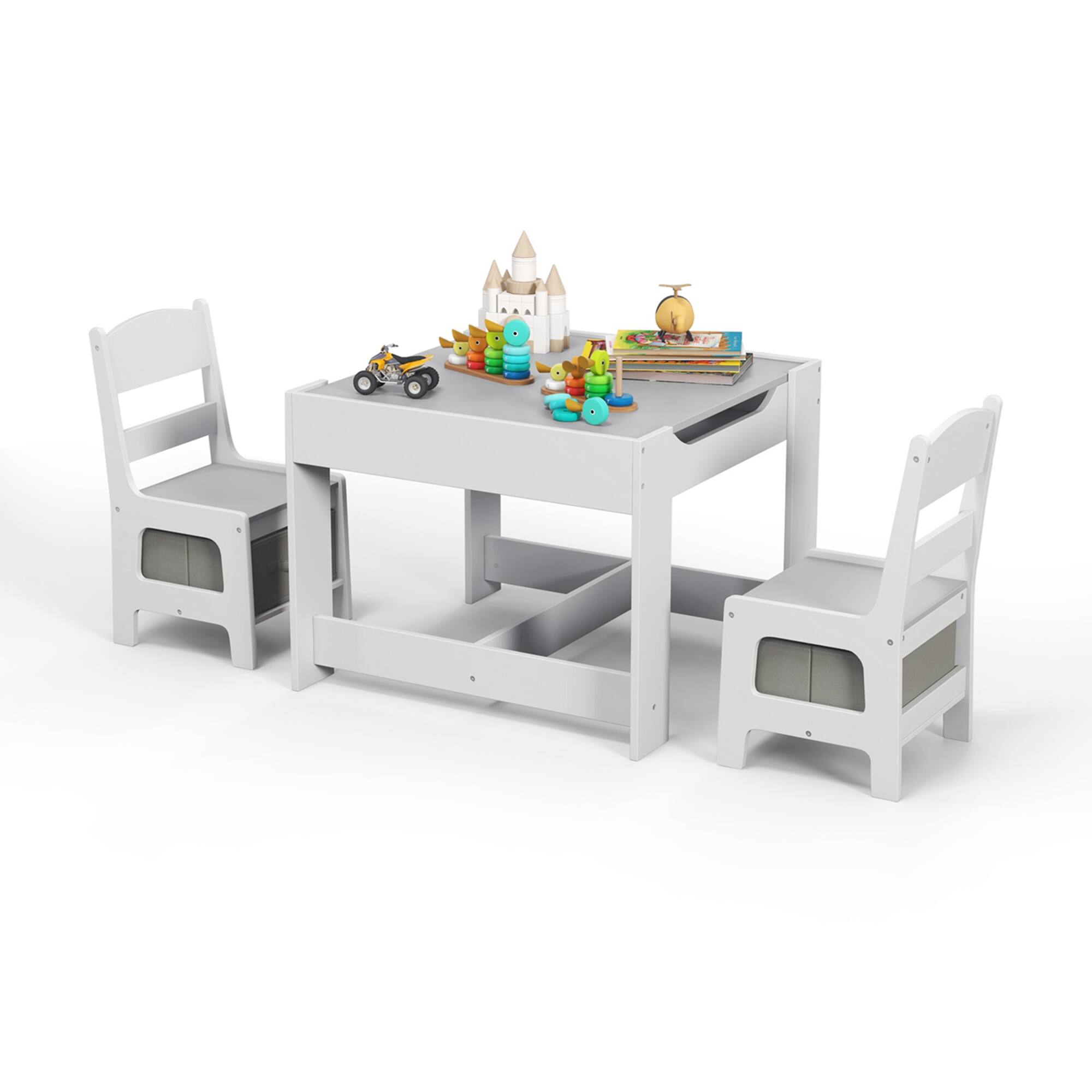 Costway - Kids Table Chairs Set With Storage Boxes Blackboard Whiteboard Drawing - Gray