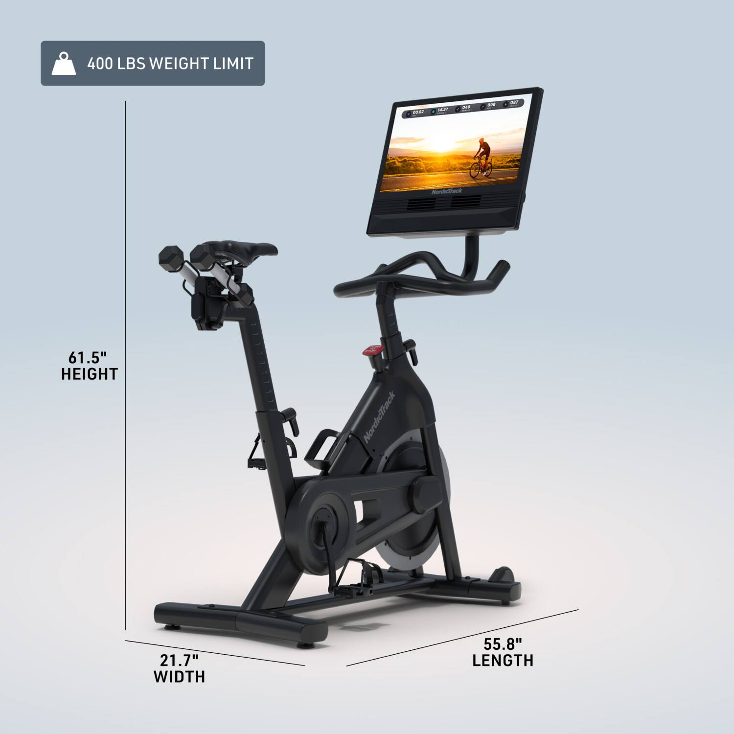 400 LBS WEIGHT LIMIT

- HEIGHT: 61.5"
- WIDTH: 21.7"
- LENGTH: 55.8"