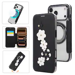 Dteck - Floral Relief Faux Leather Flip Wallet Case for Apple iPhone 17 Pro Max,Mag Safe Electroplated Slim Clear Back Cover - Black