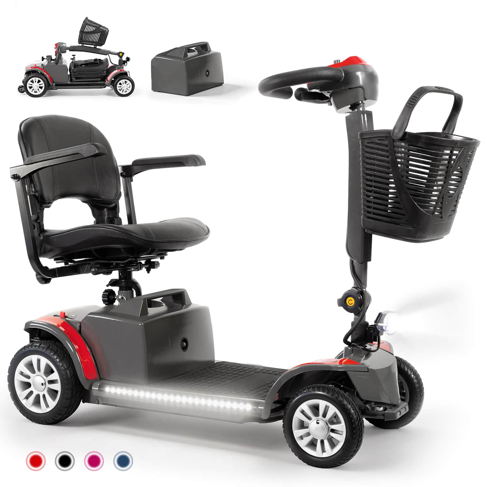 Hover Heart - 4-Wheel Electric Mobility Scooter for Seniors & Adults, 300 lb Capacity, 15 Mile Range, Adjustable Seat - Red