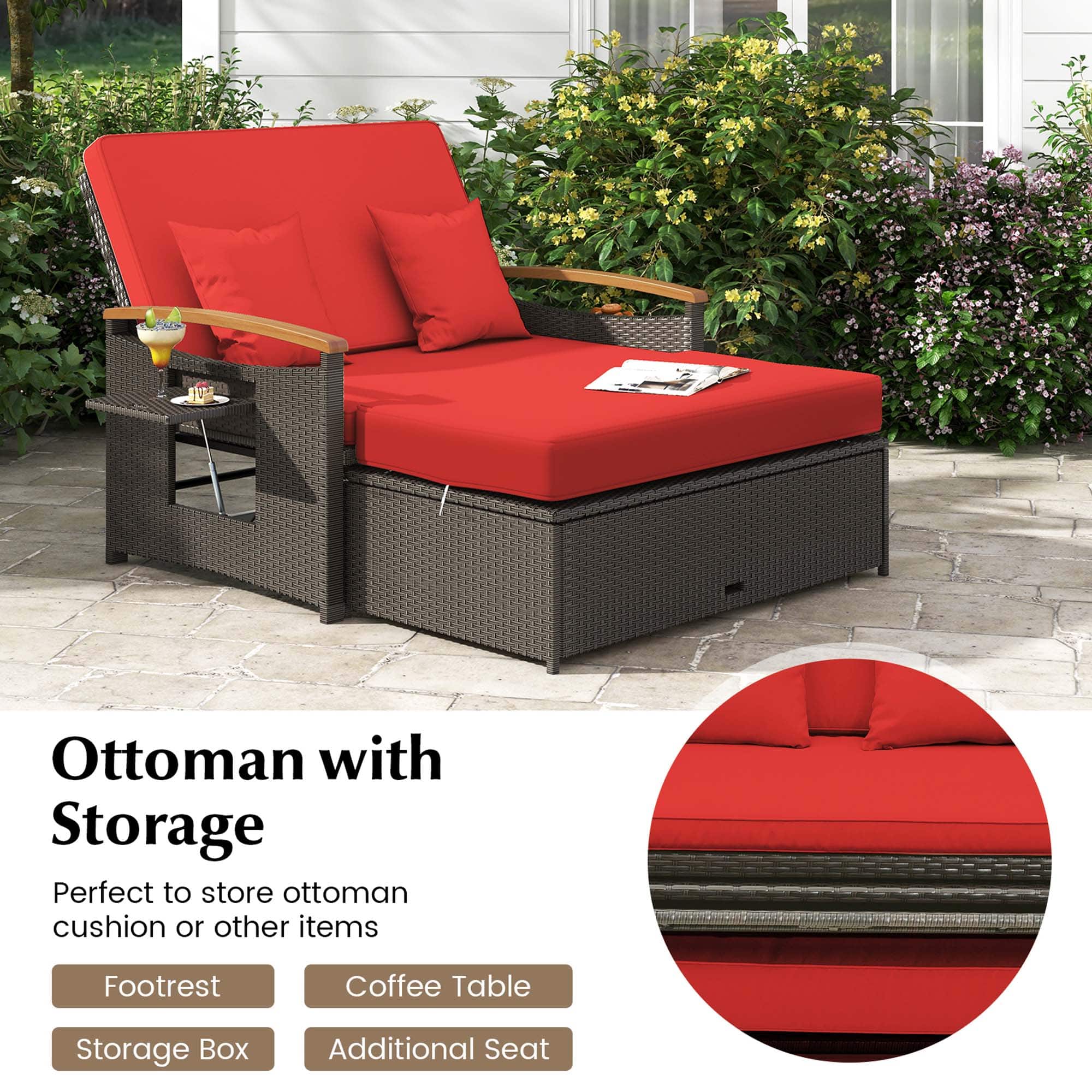 The image features a red Ottoman with Storage, which is perfect for storing ottoman cushions or other items. The footrest also serves as a coffee table, providing additional functionality. The storage box is included, and there is an additional seat available for added comfort.